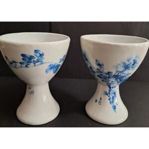 Vintage Taiwan Blue and White Porcelain Pedestal Compote Dishes Floral Set of 2